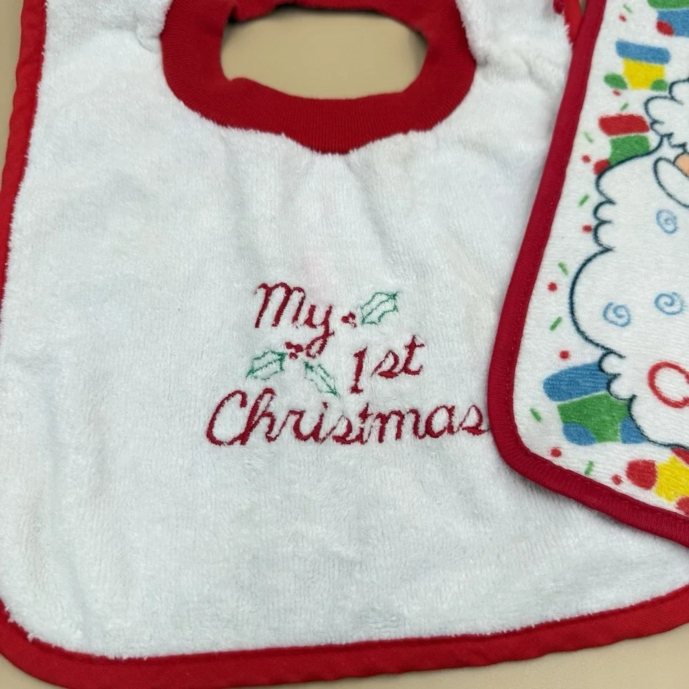 Vintage My First Christmas Baby Feeding Bib Lot Of 2 Santa USA Made 1980s